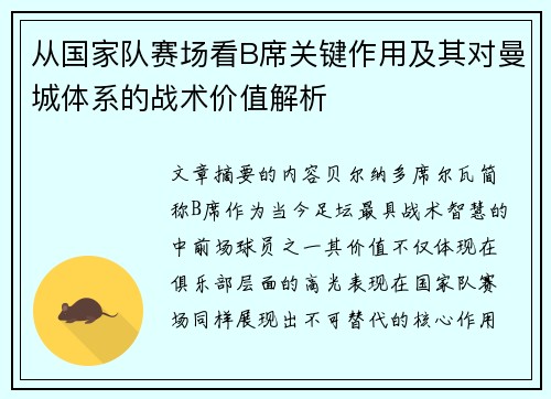 从国家队赛场看B席关键作用及其对曼城体系的战术价值解析