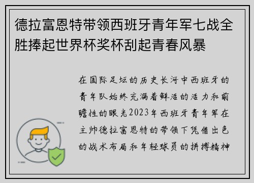 德拉富恩特带领西班牙青年军七战全胜捧起世界杯奖杯刮起青春风暴 德拉富恩特带领西班牙青年军七战全胜捧起世界杯奖杯刮起青春风暴